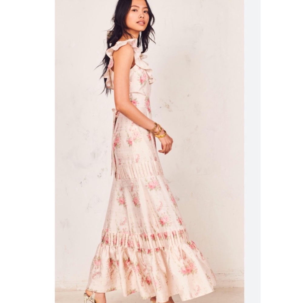 LOVESHACKFANCY JOANNE RUFFLED METALLIC TIERED MAXI DRESS SZ 4